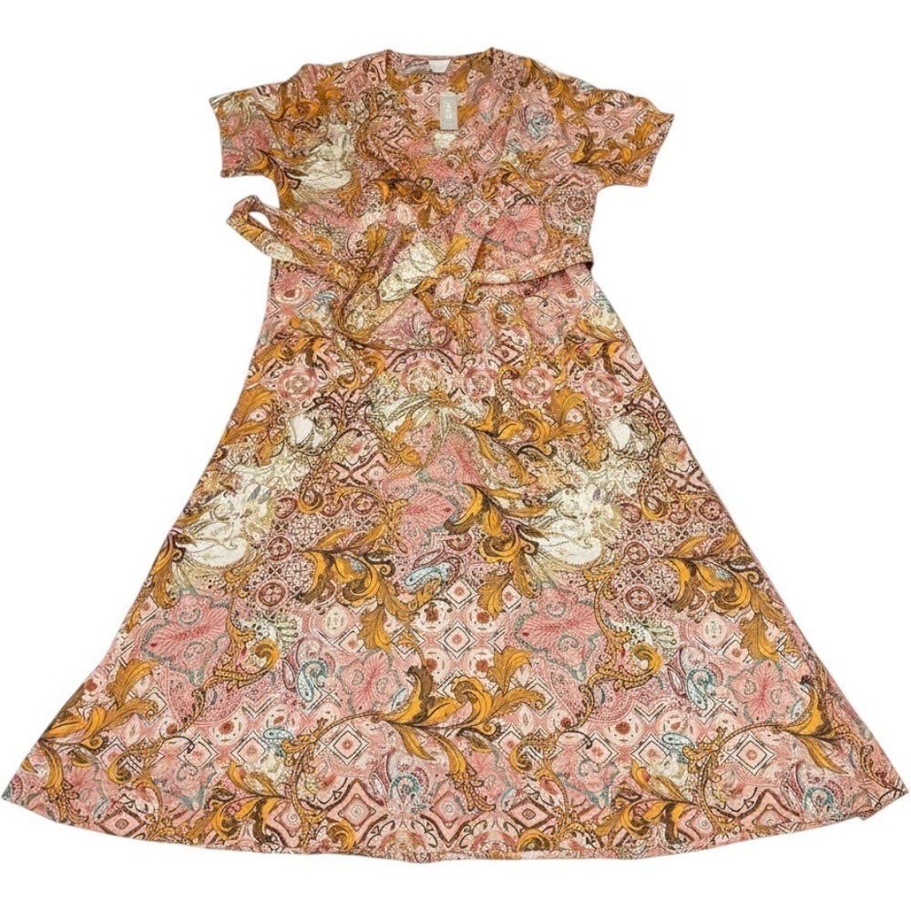Chicos Dress Kimono Paisly Print Maxi Satin Tie Waist XL 16 Event Wedding Guest